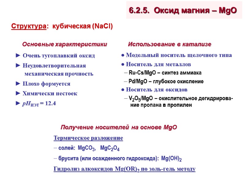 6.2.5.  Оксид магния – MgO     Основные характеристики ► Очень